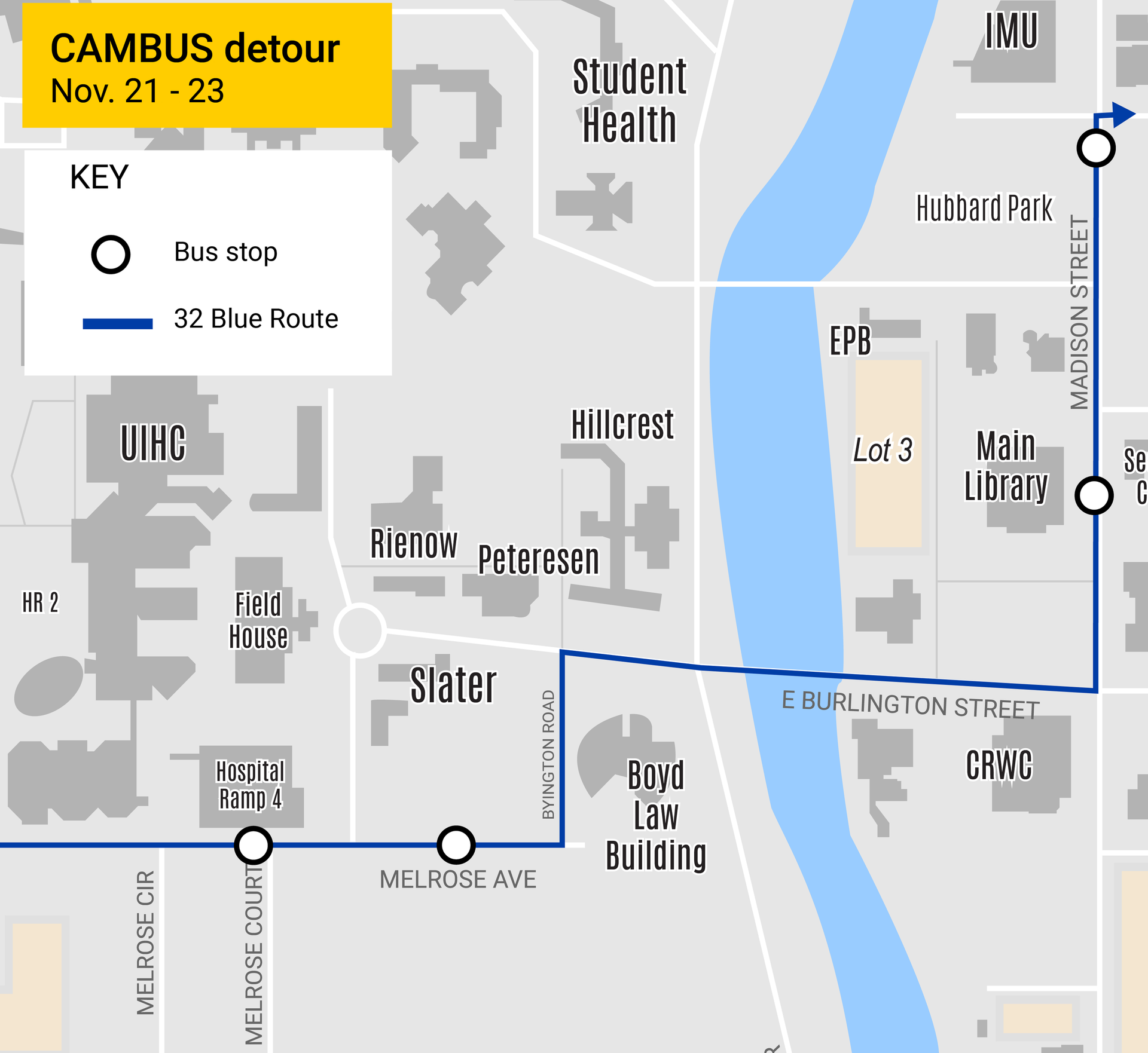 page CAMBUS service alert 32 Blue Route detour and stop closures due